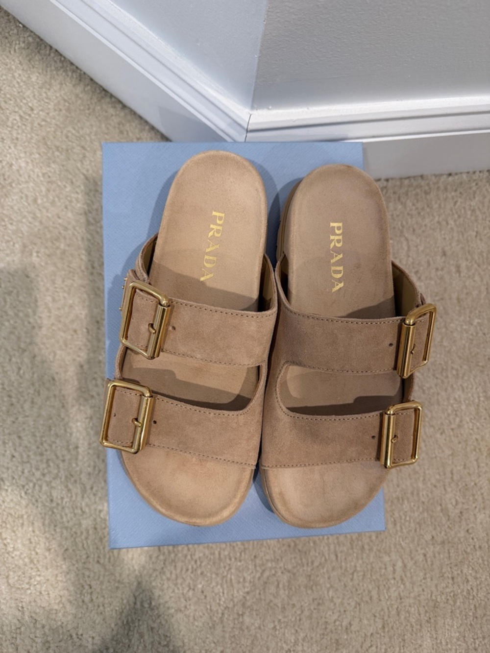 Prada Taupe Suede Double-Buckle Slide Sandals